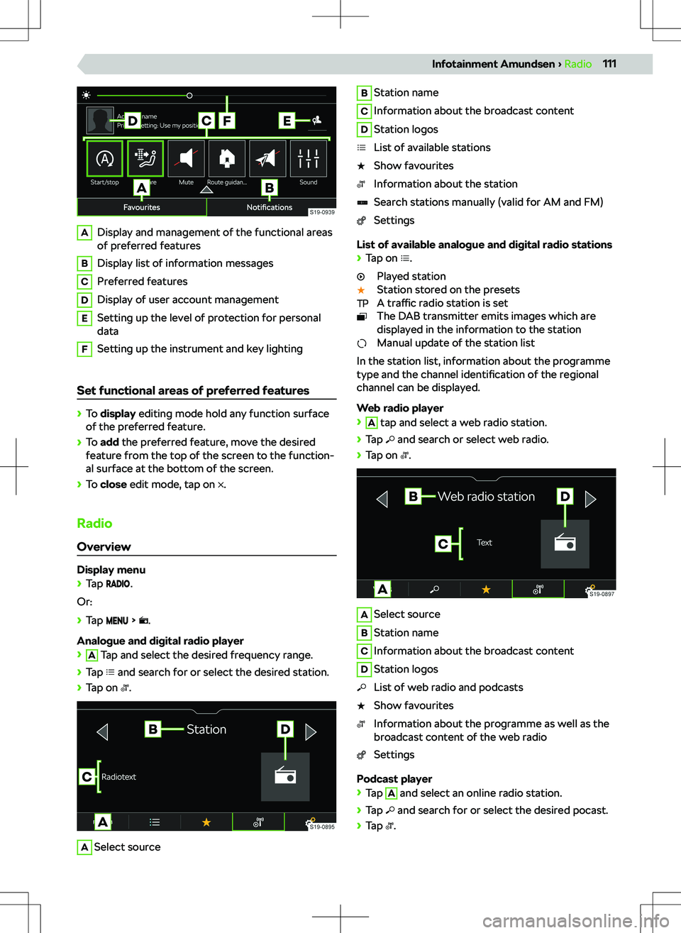 SKODA KODIAQ 2022  Owner´s Manual ADisplay and management of the functional areas
of preferred featuresBDisplay list of information messagesCPreferred featuresDDisplay of user account managementESetting up the level of protection for 