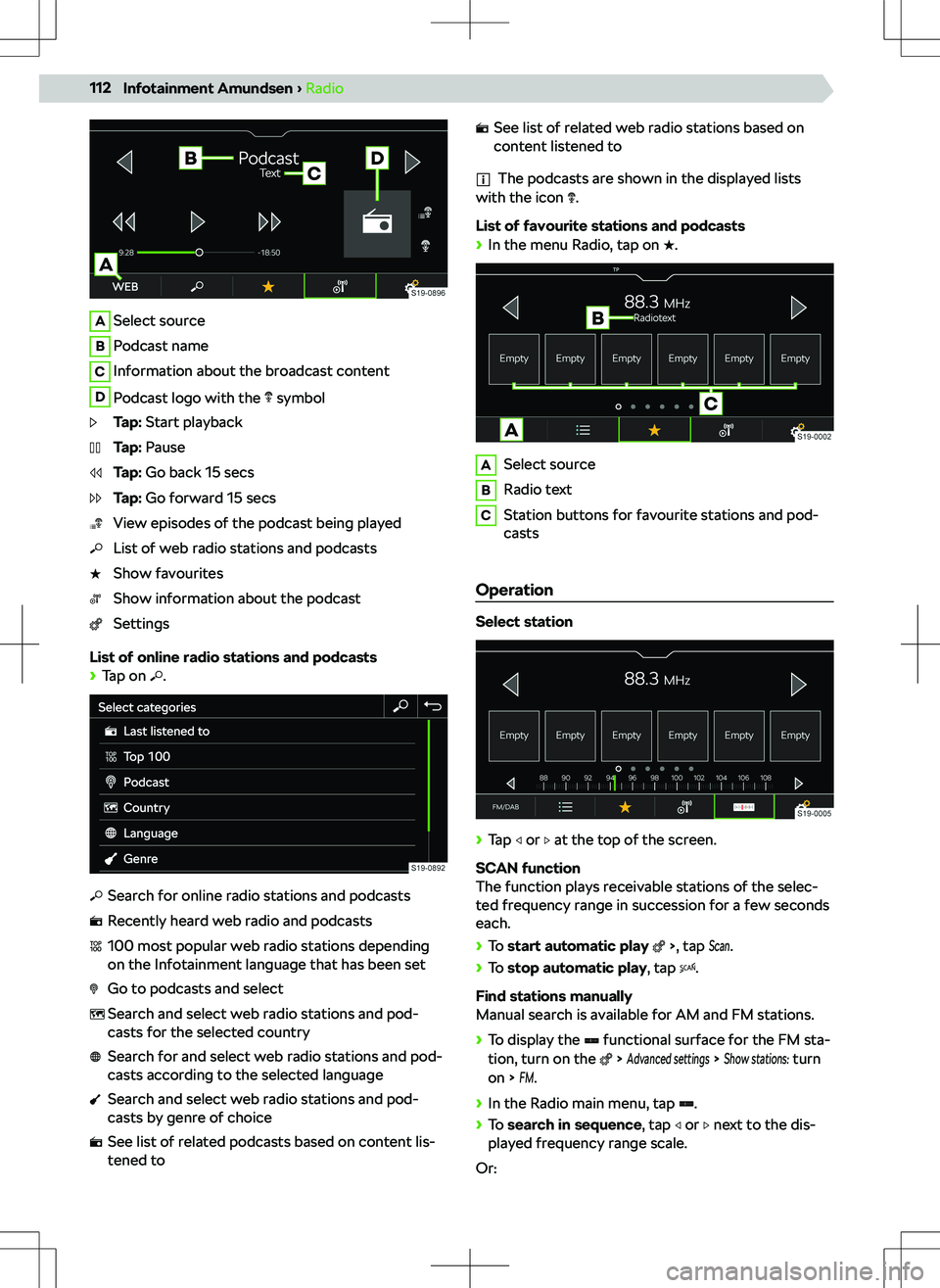 SKODA KODIAQ 2021 Owner´s Manual ASelect sourceBPodcast nameCInformation about the broadcast contentDPodcast logo with the symbolTap: Start playbackTap: PauseTap: Go back 15 secsTap: Go forward 15 secsView episodes of the podcast be SKODA KODIAQ 2021 Owner´s Manual ASelect sourceBPodcast nameCInformation about the broadcast contentDPodcast logo with the symbolTap: Start playbackTap: PauseTap: Go back 15 secsTap: Go forward 15 secsView episodes of the podcast be