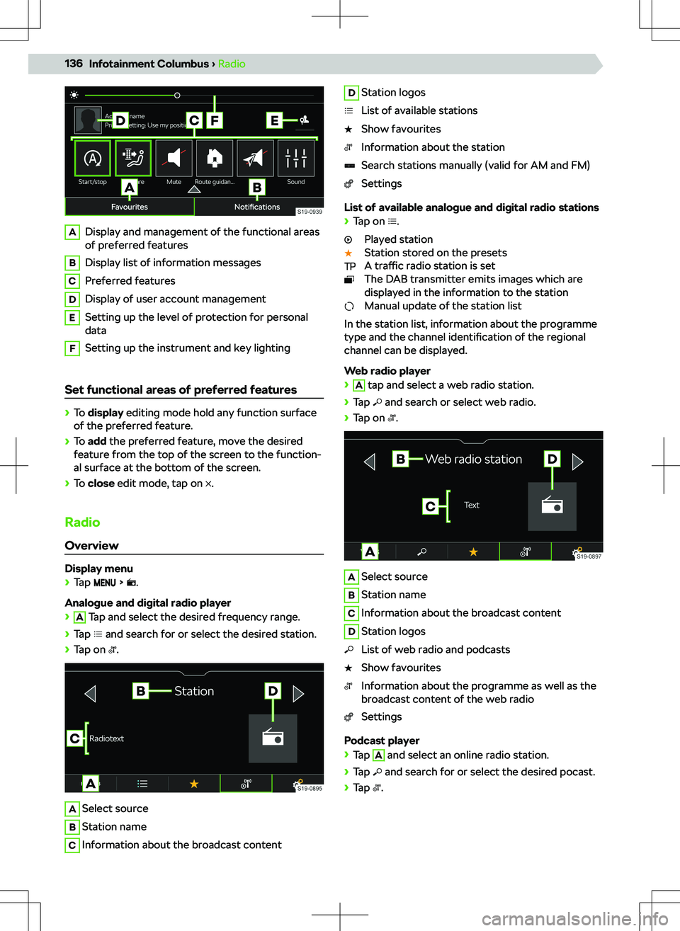 SKODA KODIAQ 2022  Owner´s Manual ADisplay and management of the functional areas
of preferred featuresBDisplay list of information messagesCPreferred featuresDDisplay of user account managementESetting up the level of protection for 