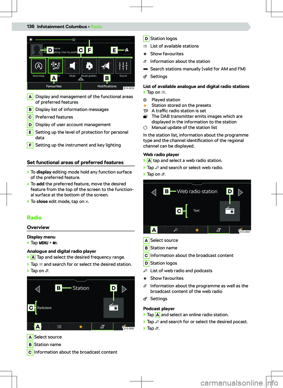 SKODA KODIAQ 2022 Owner´s Manual ADisplay and management of the functional areas
of preferred featuresBDisplay list of information messagesCPreferred featuresDDisplay of user account managementESetting up the level of protection for SKODA KODIAQ 2022 Owner´s Manual ADisplay and management of the functional areas
of preferred featuresBDisplay list of information messagesCPreferred featuresDDisplay of user account managementESetting up the level of protection for