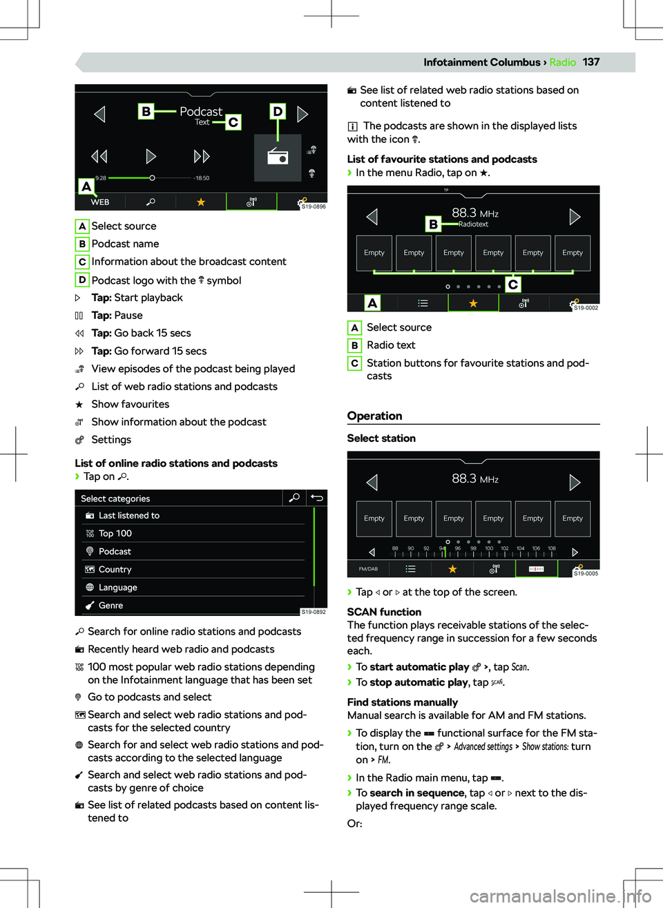 SKODA KODIAQ 2021 Owner´s Manual ASelect sourceBPodcast nameCInformation about the broadcast contentDPodcast logo with the symbolTap: Start playbackTap: PauseTap: Go back 15 secsTap: Go forward 15 secsView episodes of the podcast be SKODA KODIAQ 2021 Owner´s Manual ASelect sourceBPodcast nameCInformation about the broadcast contentDPodcast logo with the symbolTap: Start playbackTap: PauseTap: Go back 15 secsTap: Go forward 15 secsView episodes of the podcast be