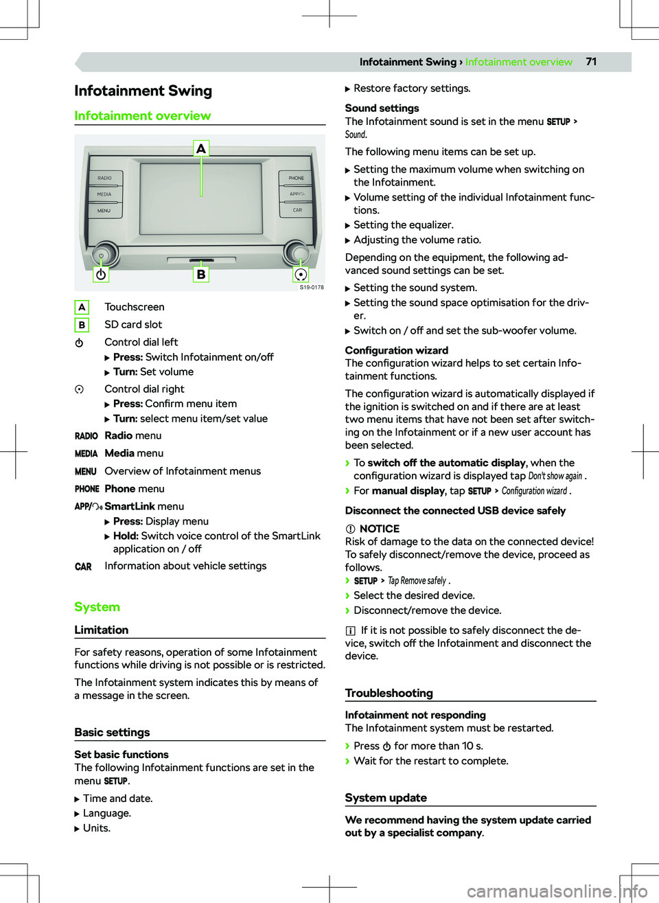 SKODA KODIAQ 2022  Owner´s Manual Infotainment SwingInfotainment overviewATouchscreenBSD card slotControl dial left
