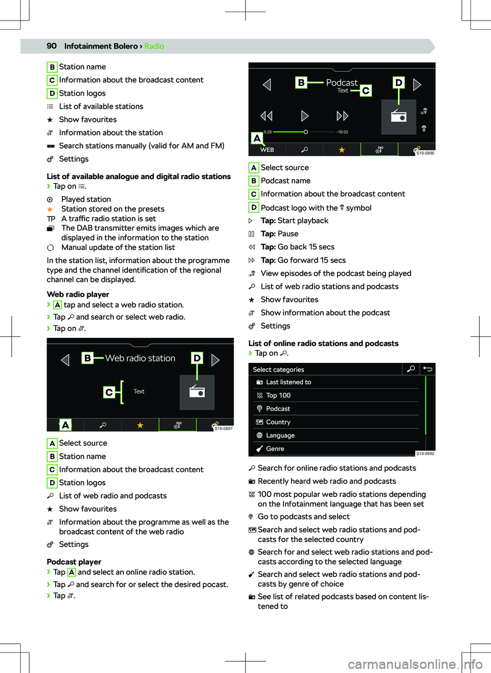 SKODA KODIAQ 2021 Owner´s Manual BStation nameCInformation about the broadcast contentDStation logosList of available stationsShow favouritesInformation about the stationSearch stations manually (valid for AM and FM)Settings
List of SKODA KODIAQ 2021 Owner´s Manual BStation nameCInformation about the broadcast contentDStation logosList of available stationsShow favouritesInformation about the stationSearch stations manually (valid for AM and FM)Settings
List of