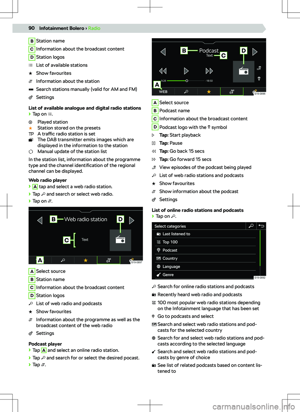 SKODA KODIAQ 2022  Owner´s Manual BStation nameCInformation about the broadcast contentDStation logosList of available stationsShow favouritesInformation about the stationSearch stations manually (valid for AM and FM)Settings
List of 