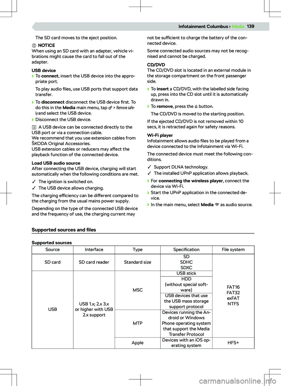 SKODA KODIAQ 2017  Owner´s Manual The SD card moves to the eject position.
NOTICE
When using an SD card with an adapter, vehicle vi-
brations might cause the card to fall out of the
adapter.
USB device
