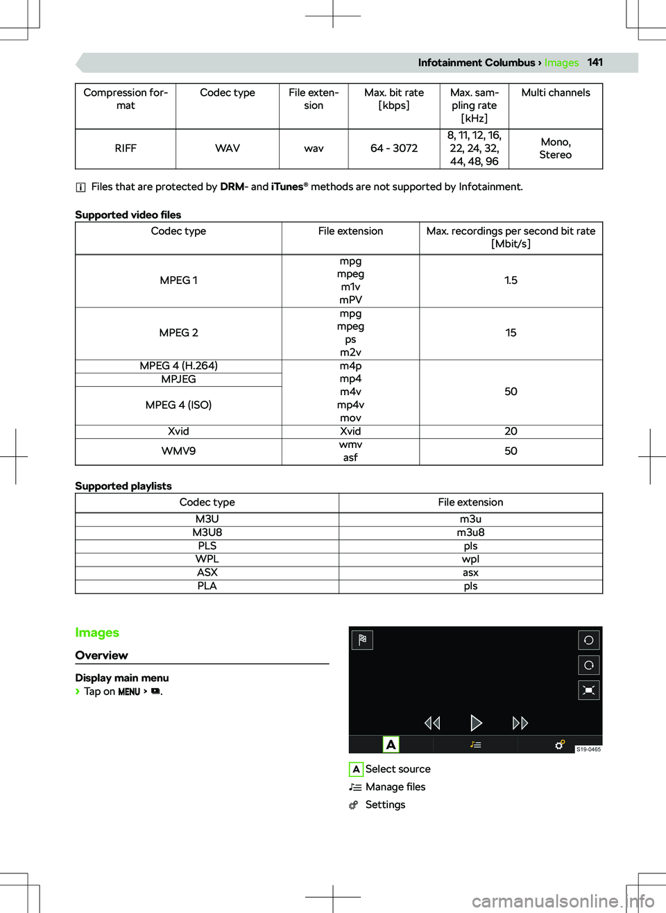 SKODA KODIAQ 2018  Owner´s Manual Compression for-matCodec typeFile exten-sionMax. bit rate[kbps]Max. sam-pling rate [kHz]Multi channelsRIFFWAVwav64 - 30728, 11, 12, 16,22, 24, 32,44, 48, 96Mono,
Stereo
Files that are protected by  DR