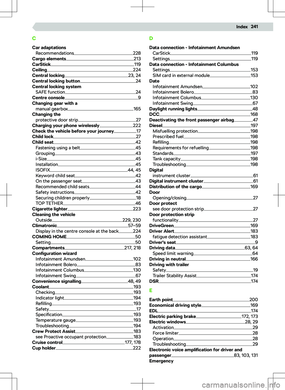 SKODA KODIAQ 2018  Owner´s Manual CCar adaptations Recommendations
228
Cargo elements213
CarStick119
Ceiling224
Central locking23, 24
Central locking button24
Central locking system SAFE function
24
Centre console9
Changing gear with 