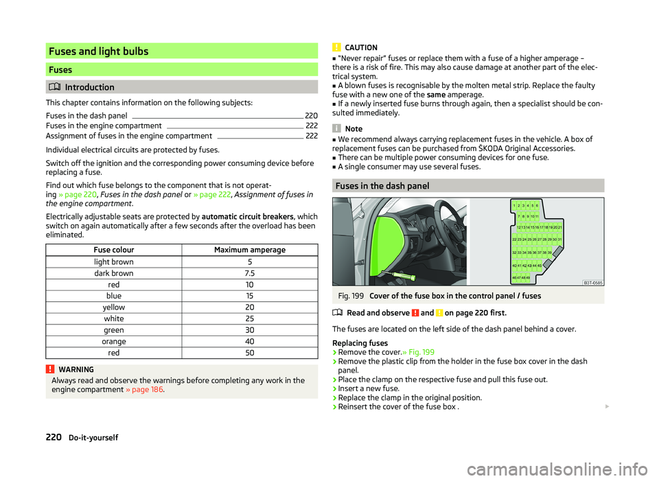 SKODA SUPERB 2010  Owner´s Manual Fuses and light bulbs
Fuses
Introduction
This chapter contains information on the following subjects:
Fuses in the dash panel
220
Fuses in the engine compartment
222
Assignment of fuses in the engi