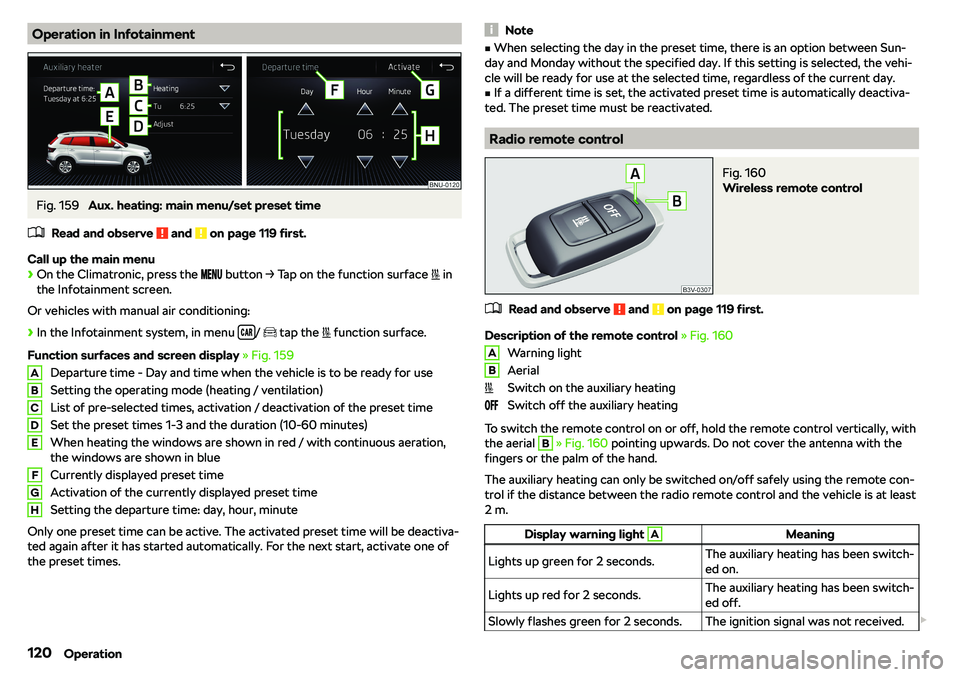 SKODA KAROQ 2019  Owner´s Manual Operation in InfotainmentFig. 159 
Aux. heating: main menu/set preset time
�