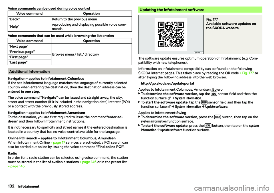 SKODA KAROQ 2019  Owner´s Manual Voice commands can be used during voice controlVoice commandOperation“Back ”Return to the previous menu“Help ”reproducing and displaying possible voice com-
mands
Voice commands that can be us