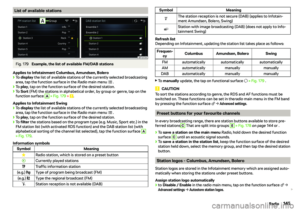 SKODA KAROQ 2020  Owner´s Manual List of available stationsFig. 179 
Example, the list of available FM/DAB stations
Applies to Infotainment Columbus, Amundsen, Bolero

