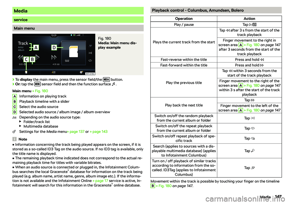 SKODA KAROQ 2020  Owner´s Manual Media
service
Main menu
Fig. 180 
Media: Main menu dis-
play example

