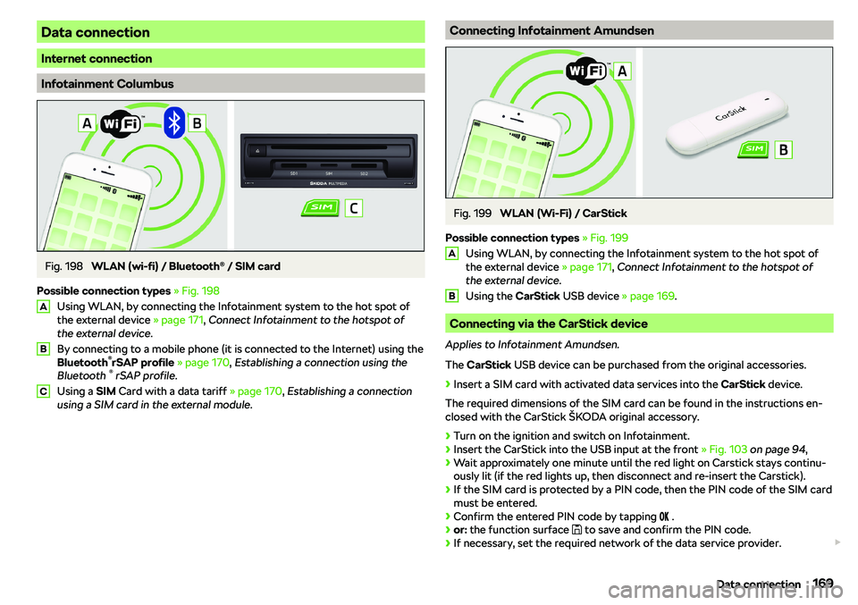 SKODA KAROQ 2019  Owner´s Manual Data connection
Internet connection
Infotainment Columbus
Fig. 198 
WLAN (wi-fi) / Bluetooth