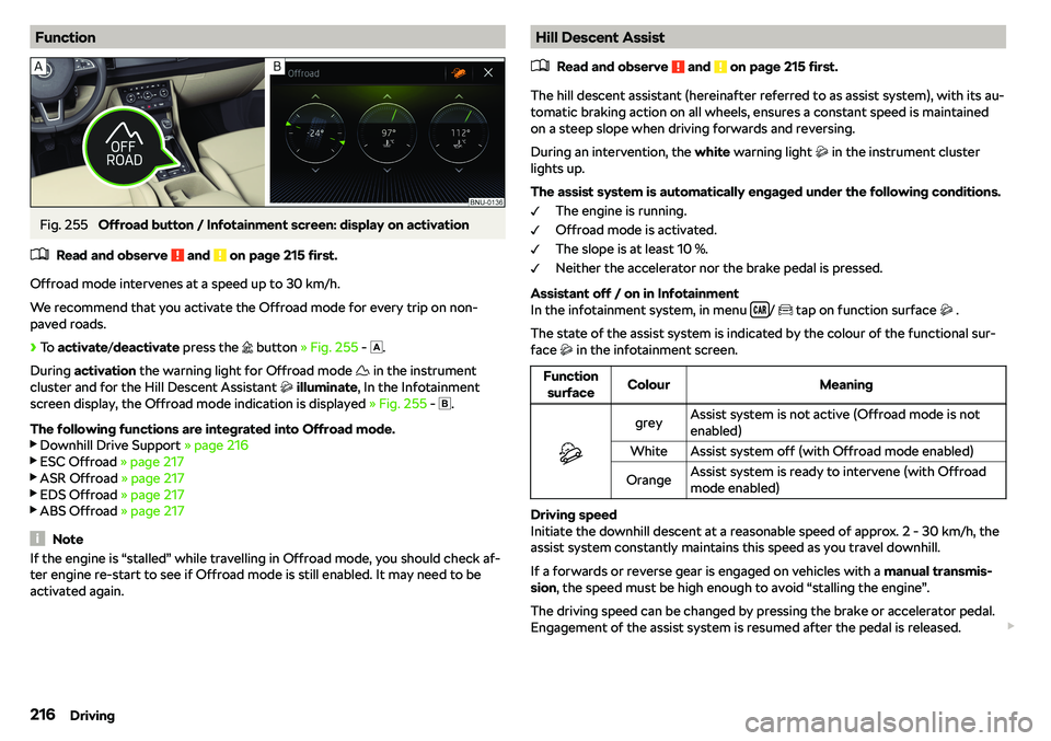 SKODA KAROQ 2020  Owner´s Manual FunctionFig. 255 
Offroad button / Infotainment screen: display on activation
�