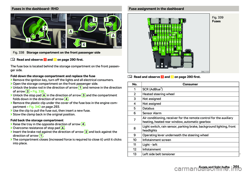 SKODA KAROQ 2022  Owner´s Manual Fuses in the dashboard- RHDFig. 338 
Storage compartment on the front passenger side
�