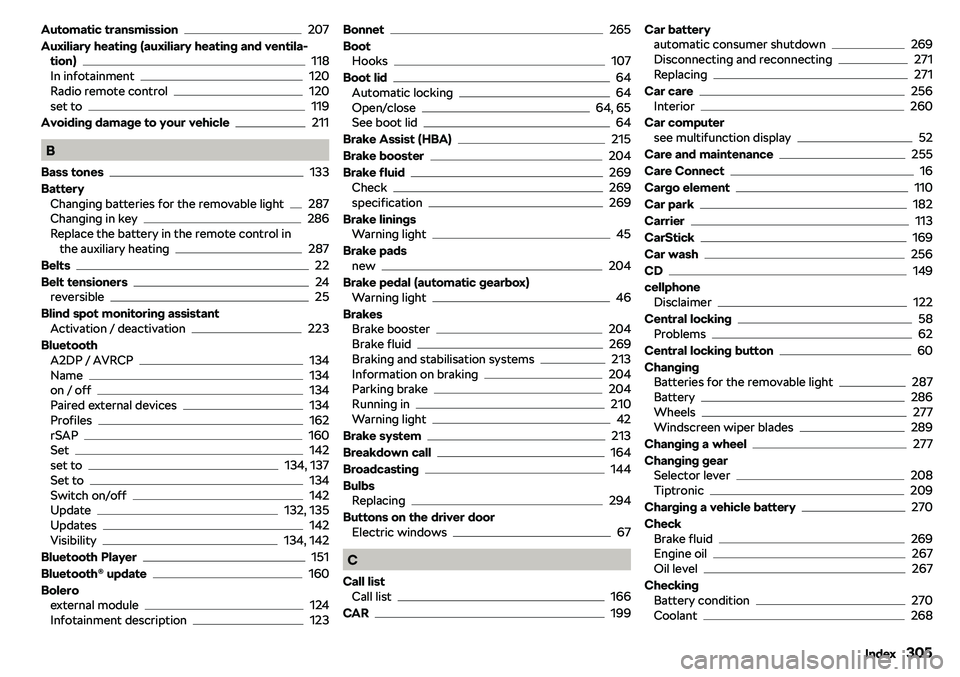 SKODA KAROQ 2020  Owner´s Manual Automatic transmission207
Auxiliary heating (auxiliary heating and ventila- tion)
118
In infotainment120
Radio remote control120
set to119
Avoiding damage to your vehicle
211
B
Bass tones
133
Battery 