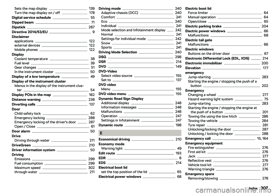 SKODA KAROQ 2022  Owner´s Manual Sets the map display139
Turn the map display on / off178
Digital service schedule
55
Dipped beam
71
Dipstick
267
Directive 2014/53/EU
9
Disclaimer applications
122
external devices122
Mobile phones122