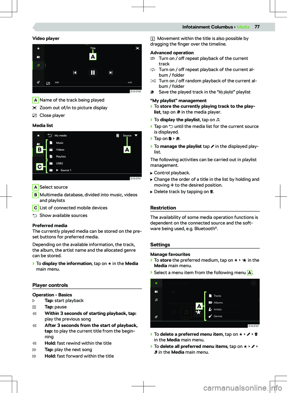 SKODA OCTAVIA 2021  Owner´s Manual Video playerAName of the track being playedZoom out of/in to picture displayClose player
Media list
ASelect sourceBMultimedia database, divided into music, videos
and playlistsCList of connected mobil