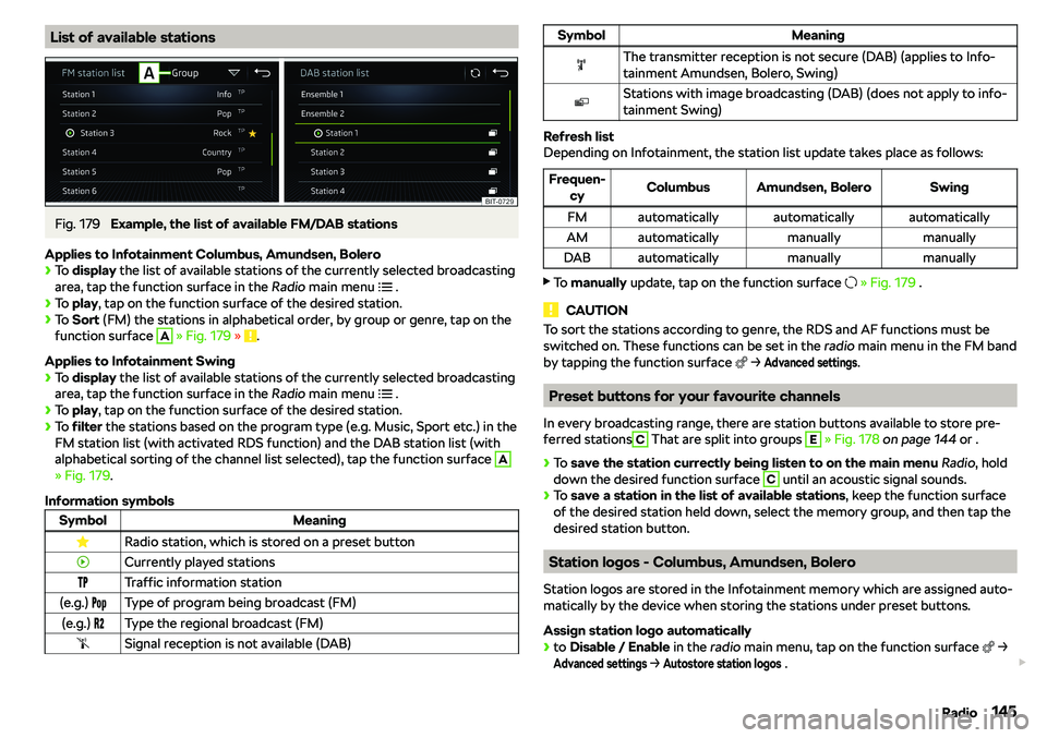 SKODA OCTAVIA 2018  Owner´s Manual List of available stationsFig. 179 
Example, the list of available FM/DAB stations
Applies to Infotainment Columbus, Amundsen, Bolero
