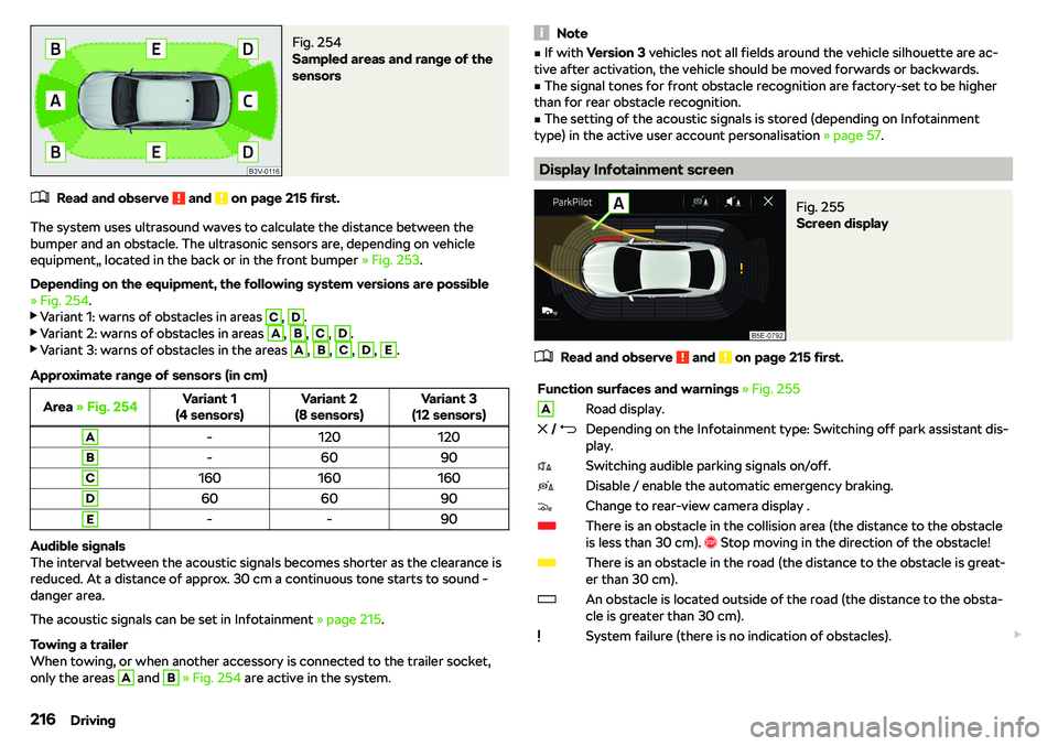 SKODA OCTAVIA 2017  Owner´s Manual Fig. 254 
Sampled areas and range of the
sensors
�