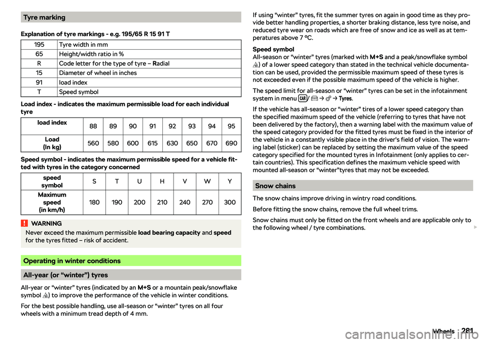 SKODA OCTAVIA 2019 Owner´s Manual Tyre marking
Explanation of tyre markings - e.g. 195/65 R 15 91 T195Tyre width in mm65Height/width ratio in %RCode letter for the type of tyre SKODA OCTAVIA 2019 Owner´s Manual Tyre marking
Explanation of tyre markings - e.g. 195/65 R 15 91 T195Tyre width in mm65Height/width ratio in %RCode letter for the type of tyre