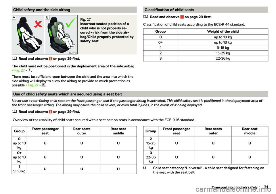 SKODA OCTAVIA 2019  Owner´s Manual Child safety and the side airbagFig. 27 
Incorrect seated position of a
child who is not properly se-
cured 