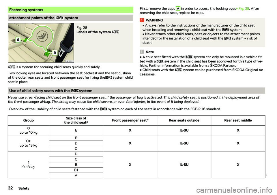 SKODA OCTAVIA 2017  Owner´s Manual Fastening systems
attachment points of the ������ system
Fig. 28 
Labels of the system ������
������ is a system for securing child seats quickly 