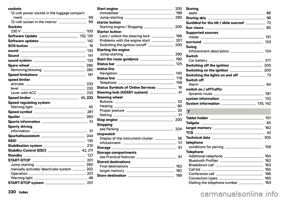 SKODA OCTAVIA 2018  Owner´s Manual sockets12-volt power socket in the luggage compart-ment
99
12-volt socket in the interior99
Sockets 230 V
100
Software Update
132, 135
Software updates
142
SOS button
16
sound
133
Sound
141
sound syst
