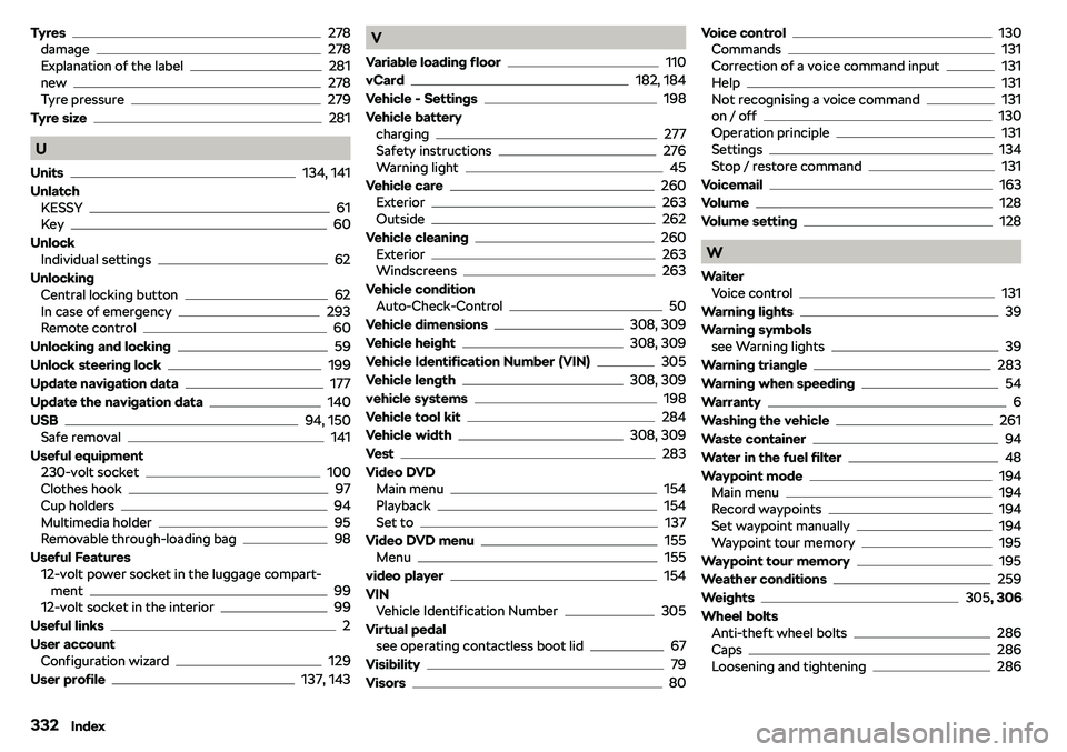 SKODA OCTAVIA 2017  Owner´s Manual Tyres278
damage278
Explanation of the label281
new278
Tyre pressure279
Tyre size
281
U
Units
134, 141
Unlatch KESSY
61
Key60
Unlock Individual settings
62
Unlocking Central locking button
62
In case o