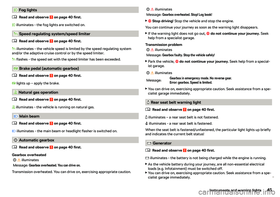 SKODA OCTAVIA 2018  Owner´s Manual � Fog lights�