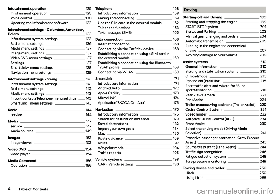 SKODA OCTAVIA 2017  Owner´s Manual Infotainment operation125
Infotainment operation
125
Voice control
130
Updating the Infotainment software
132
Infotainment settings - Columbus, Amundsen,
Bolero
133
Infotainment system settings
133
Ra