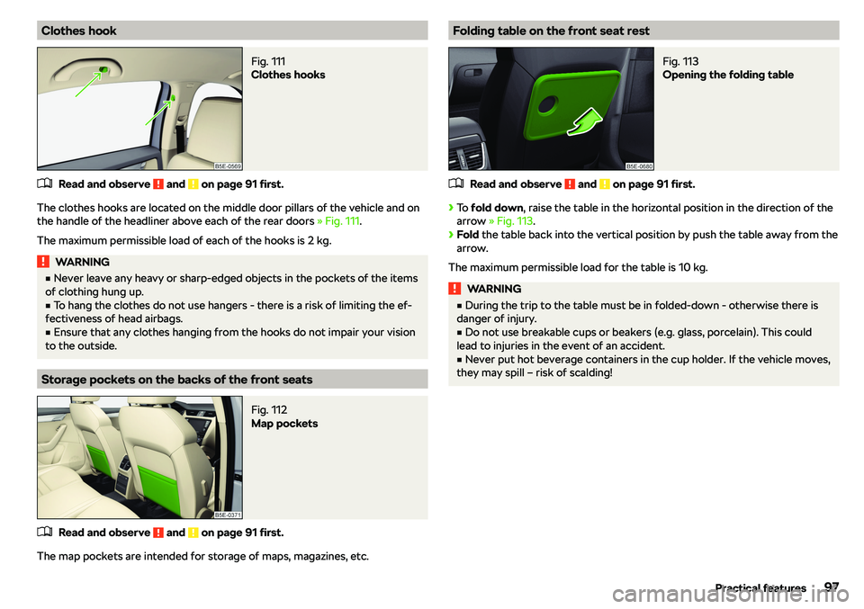 SKODA OCTAVIA 2018  Owner´s Manual Clothes hookFig. 111 
Clothes hooks
�