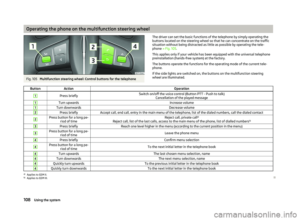 SKODA OCTAVIA 2006  Owner´s Manual Operating the phone on the multifunction steering wheel
Fig. 105 
Multifunction steering wheel: Control buttons for the telephone The driver can set the basic functions of the telephone by simply oper