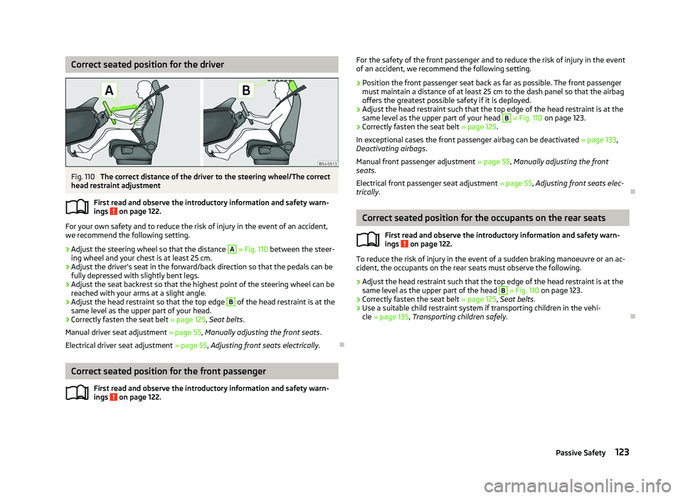 SKODA OCTAVIA 2006  Owner´s Manual Correct seated position for the driver
Fig. 110 
The correct distance of the driver to the steering wheel/The correct
head restraint adjustment
First read and observe the introductory information and 