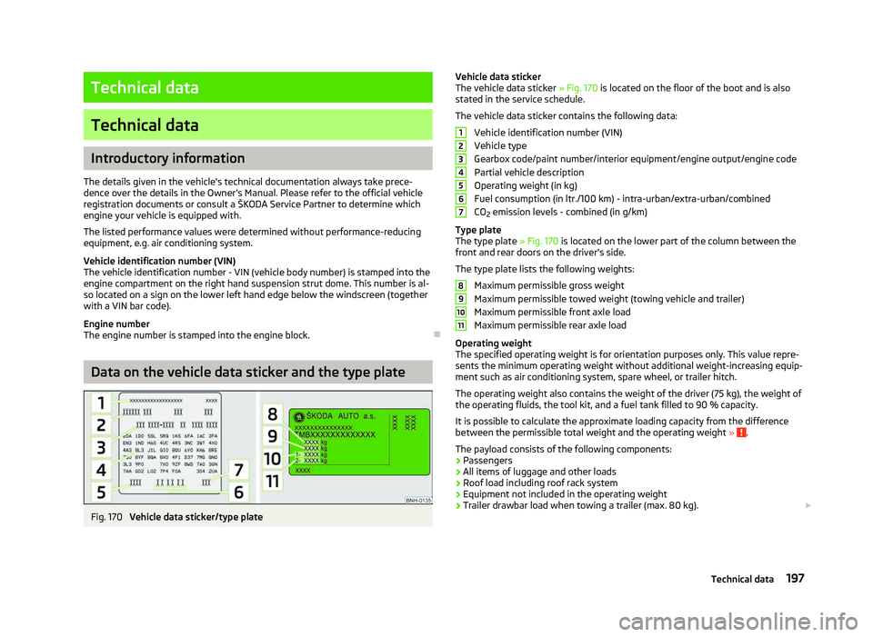 SKODA OCTAVIA 2006 Owner´s Manual Technical data
Technical data
Introductory information
The details given in the vehicle's technical documentation always take prece-
dence over the details in the Owner's Manual. Please refer SKODA OCTAVIA 2006 Owner´s Manual Technical data
Technical data
Introductory information
The details given in the vehicle's technical documentation always take prece-
dence over the details in the Owner's Manual. Please refer