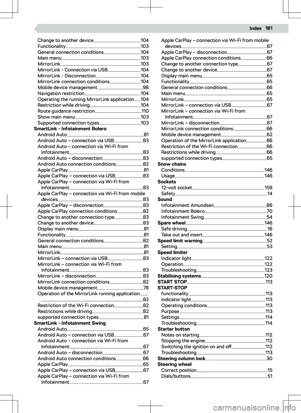 SKODA SCALA 2019 Owner´s Manual Change to another device104
Functionality103
General connection conditions104
Main menu103
MirrorLink103
MirrorLink - Connection via USB104
MirrorLink - Disconnection104
MirrorLink connection conditio SKODA SCALA 2019 Owner´s Manual Change to another device104
Functionality103
General connection conditions104
Main menu103
MirrorLink103
MirrorLink - Connection via USB104
MirrorLink - Disconnection104
MirrorLink connection conditio