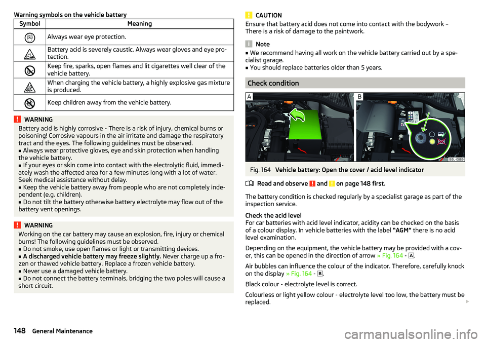 SKODA YETI 2017 Owner´s Manual Warning symbols on the vehicle batterySymbolMeaningAlways wear eye protection.Battery acid is severely caustic. Always wear gloves and eye pro-
tection.Keep fire, sparks, open flames and lit SKODA YETI 2017 Owner´s Manual Warning symbols on the vehicle batterySymbolMeaningAlways wear eye protection.Battery acid is severely caustic. Always wear gloves and eye pro-
tection.Keep fire, sparks, open flames and lit
