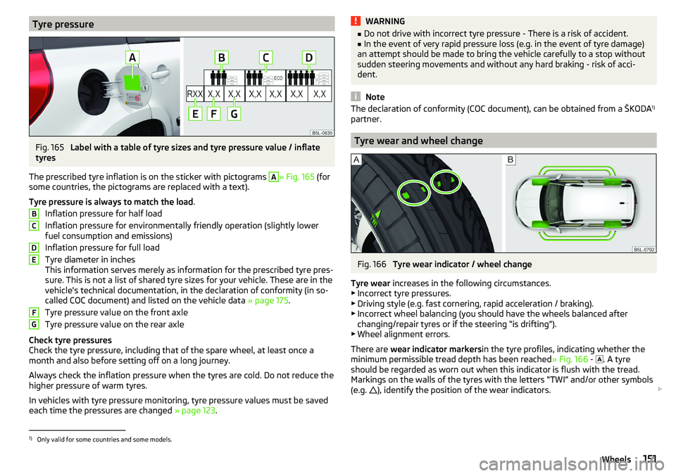 SKODA YETI 2017  Owner´s Manual Tyre pressureFig. 165 
Label with a table of tyre sizes and tyre pressure value / inflate
tyres
The prescribed tyre inflation is on the sticker with pictograms 
A
» Fig. 165  (for
some countries, the