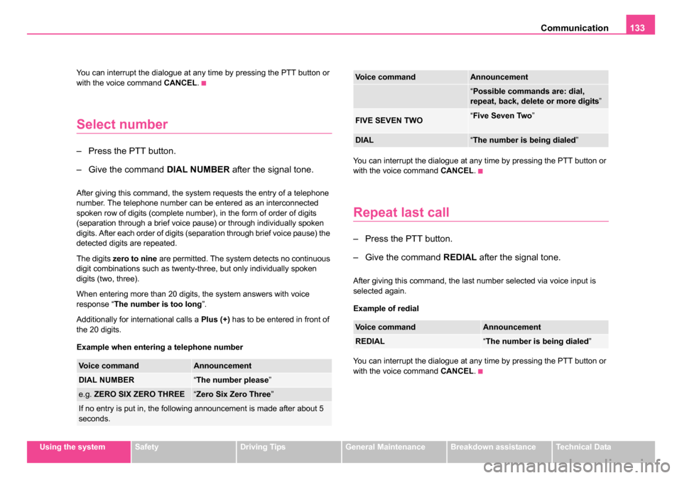 SKODA ROOMSTER 2006 1.G Owners Manual
Communication133
Using the systemSafetyDriving TipsGeneral MaintenanceBreakdown assistanceTechnical Data
You can interrupt the dialogue at any time by pressing the PTT button or
with the voice comma SKODA ROOMSTER 2006 1.G Owners Manual
Communication133
Using the systemSafetyDriving TipsGeneral MaintenanceBreakdown assistanceTechnical Data
You can interrupt the dialogue at any time by pressing the PTT button or
with the voice comma
