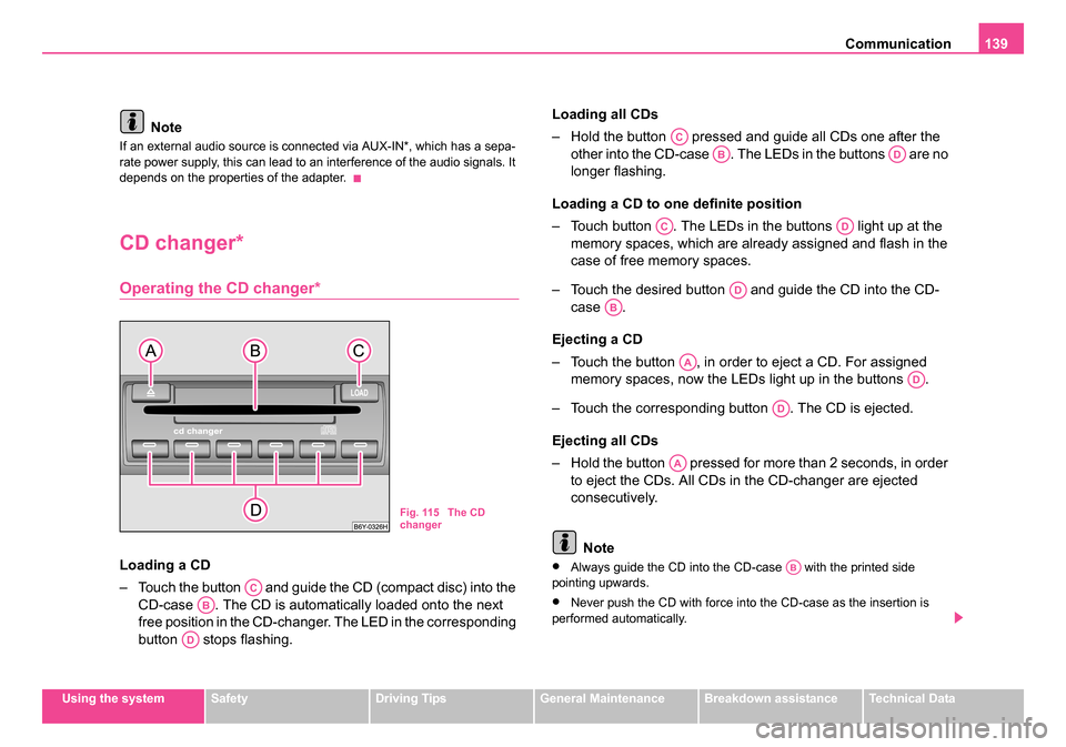 SKODA ROOMSTER 2006 1.G Owners Manual
Communication139
Using the systemSafetyDriving TipsGeneral MaintenanceBreakdown assistanceTechnical Data
Note
If an external audio source is connected via AUX-IN*, which has a sepa-
rate power supply SKODA ROOMSTER 2006 1.G Owners Manual
Communication139
Using the systemSafetyDriving TipsGeneral MaintenanceBreakdown assistanceTechnical Data
Note
If an external audio source is connected via AUX-IN*, which has a sepa-
rate power supply