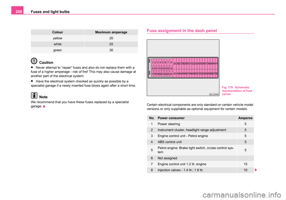 SKODA ROOMSTER 2006 1.G Owners Manual 
Fuses and light bulbs
250
Caution
•Never attempt to “repair” fuses and also do not replace them with a 
fuse of a higher amperage - risk of fire! This may also cause damage at 
another part of 