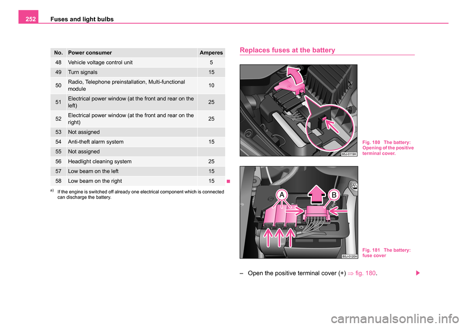 SKODA ROOMSTER 2006 1.G Owners Manual
Fuses and light bulbs
252
Replaces fuses at the battery
– Open the positive terminal cover (+) ⇒fig. 180 .
48Vehicle voltage control unit5
49Turn signals15
50Radio, Telephone preinstallation, Mu SKODA ROOMSTER 2006 1.G Owners Manual
Fuses and light bulbs
252
Replaces fuses at the battery
– Open the positive terminal cover (+) ⇒fig. 180 .
48Vehicle voltage control unit5
49Turn signals15
50Radio, Telephone preinstallation, Mu
