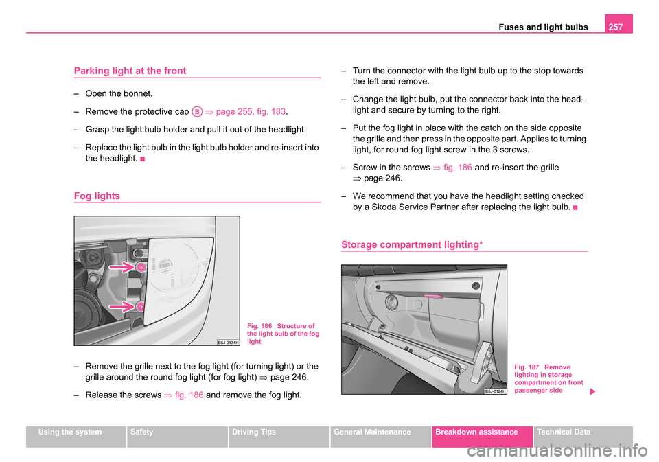 SKODA ROOMSTER 2006 1.G Owners Manual
Fuses and light bulbs257
Using the systemSafetyDriving TipsGeneral MaintenanceBreakdown assistanceTechnical Data
Parking light at the front
– Open the bonnet.
– Remove the protective cap ⇒pa SKODA ROOMSTER 2006 1.G Owners Manual
Fuses and light bulbs257
Using the systemSafetyDriving TipsGeneral MaintenanceBreakdown assistanceTechnical Data
Parking light at the front
– Open the bonnet.
– Remove the protective cap ⇒pa