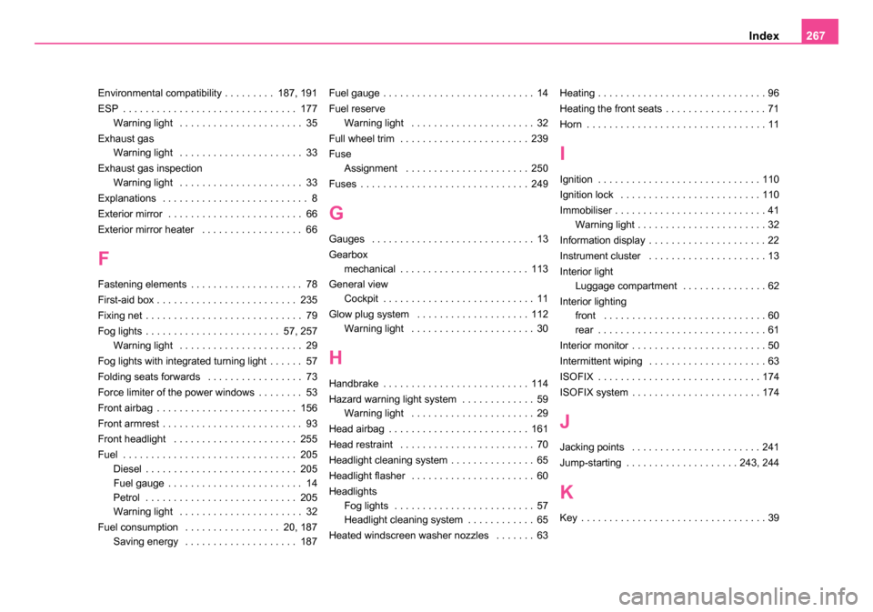 SKODA ROOMSTER 2006 1.G Owners Manual 
Index267
Environmental compatibility . . . . . . . . . 187, 191
ESP . . . . . . . . . . . . . . . . . . . . . . . . . . . . . . . 177
Warning light  . . . . . . . . . . . . . . . . . . . . . . 35
Exh