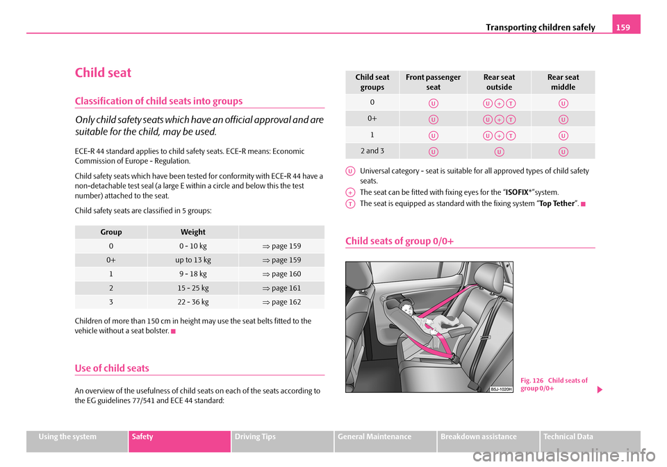 SKODA FABIA 2006 2.G / 5J Owners Manual Transporting children safely159
Using the systemSafetyDriving TipsGeneral MaintenanceBreakdown assistanceTechnical Data
Child seat
Classification of child seats into groups
Only child safety seats wh SKODA FABIA 2006 2.G / 5J Owners Manual Transporting children safely159
Using the systemSafetyDriving TipsGeneral MaintenanceBreakdown assistanceTechnical Data
Child seat
Classification of child seats into groups
Only child safety seats wh