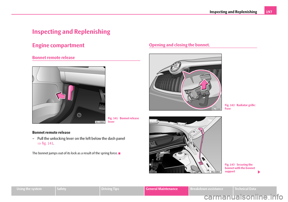 SKODA FABIA 2006 2.G / 5J Owners Manual Inspecting and Replenishing197
Using the systemSafetyDriving TipsGeneral MaintenanceBreakdown assistanceTechnical Data
Inspecting and Replenishing
Engine compartment
Bonnet remote release
Bonnet remot SKODA FABIA 2006 2.G / 5J Owners Manual Inspecting and Replenishing197
Using the systemSafetyDriving TipsGeneral MaintenanceBreakdown assistanceTechnical Data
Inspecting and Replenishing
Engine compartment
Bonnet remote release
Bonnet remot
