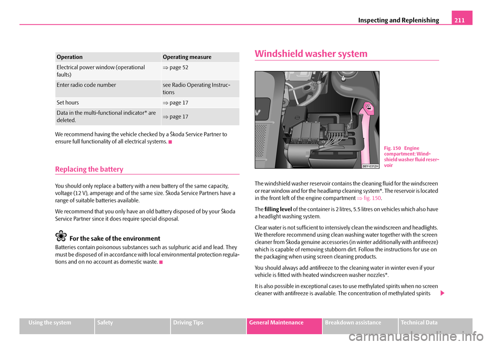 SKODA FABIA 2006 2.G / 5J Owners Manual Inspecting and Replenishing211
Using the systemSafetyDriving TipsGeneral MaintenanceBreakdown assistanceTechnical Data
We recommend having the vehicle checked by a Škoda Service Partner to ensure f SKODA FABIA 2006 2.G / 5J Owners Manual Inspecting and Replenishing211
Using the systemSafetyDriving TipsGeneral MaintenanceBreakdown assistanceTechnical Data
We recommend having the vehicle checked by a Škoda Service Partner to ensure f