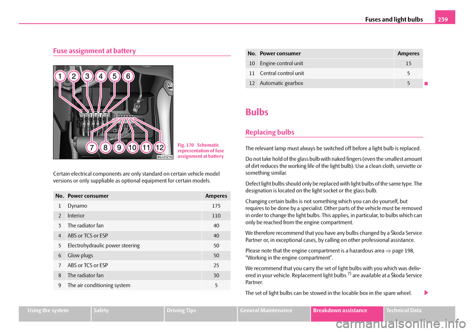 SKODA FABIA 2006 2.G / 5J Owners Manual Fuses and light bulbs239
Using the systemSafetyDriving TipsGeneral MaintenanceBreakdown assistanceTechnical Data
Fuse assignment at battery
Certain electrical components are only standard on certain v SKODA FABIA 2006 2.G / 5J Owners Manual Fuses and light bulbs239
Using the systemSafetyDriving TipsGeneral MaintenanceBreakdown assistanceTechnical Data
Fuse assignment at battery
Certain electrical components are only standard on certain v
