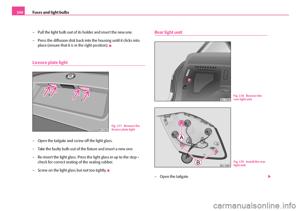 SKODA FABIA 2006 2.G / 5J Owners Manual Fuses and light bulbs244
– Pull the light bulb out of its holder and insert the new one.
– Press the diffusion disk back into the housing until it clicks into
place (ensure that it is in the r SKODA FABIA 2006 2.G / 5J Owners Manual Fuses and light bulbs244
– Pull the light bulb out of its holder and insert the new one.
– Press the diffusion disk back into the housing until it clicks into
place (ensure that it is in the r