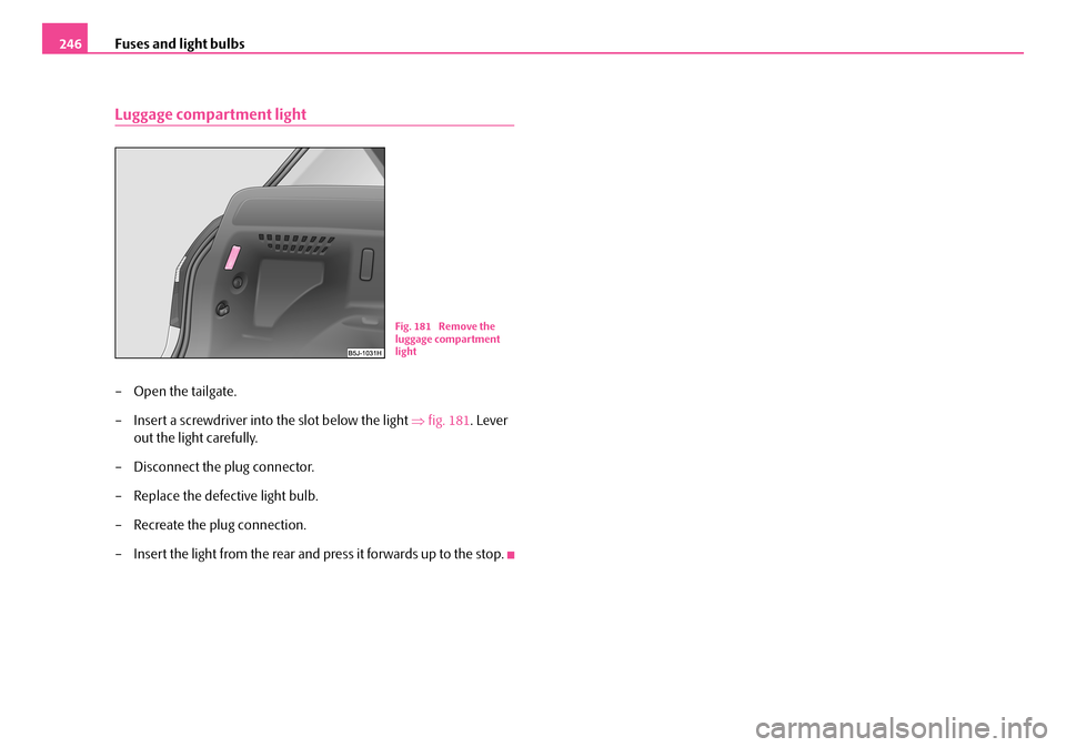 SKODA FABIA 2006 2.G / 5J Owners Manual Fuses and light bulbs246
Luggage compartment light
– Open the tailgate.
– Insert a screwdriver into the slot below the light ⇒fig. 181. Lever
out the light carefully.
– Disconnect the plu SKODA FABIA 2006 2.G / 5J Owners Manual Fuses and light bulbs246
Luggage compartment light
– Open the tailgate.
– Insert a screwdriver into the slot below the light ⇒fig. 181. Lever
out the light carefully.
– Disconnect the plu